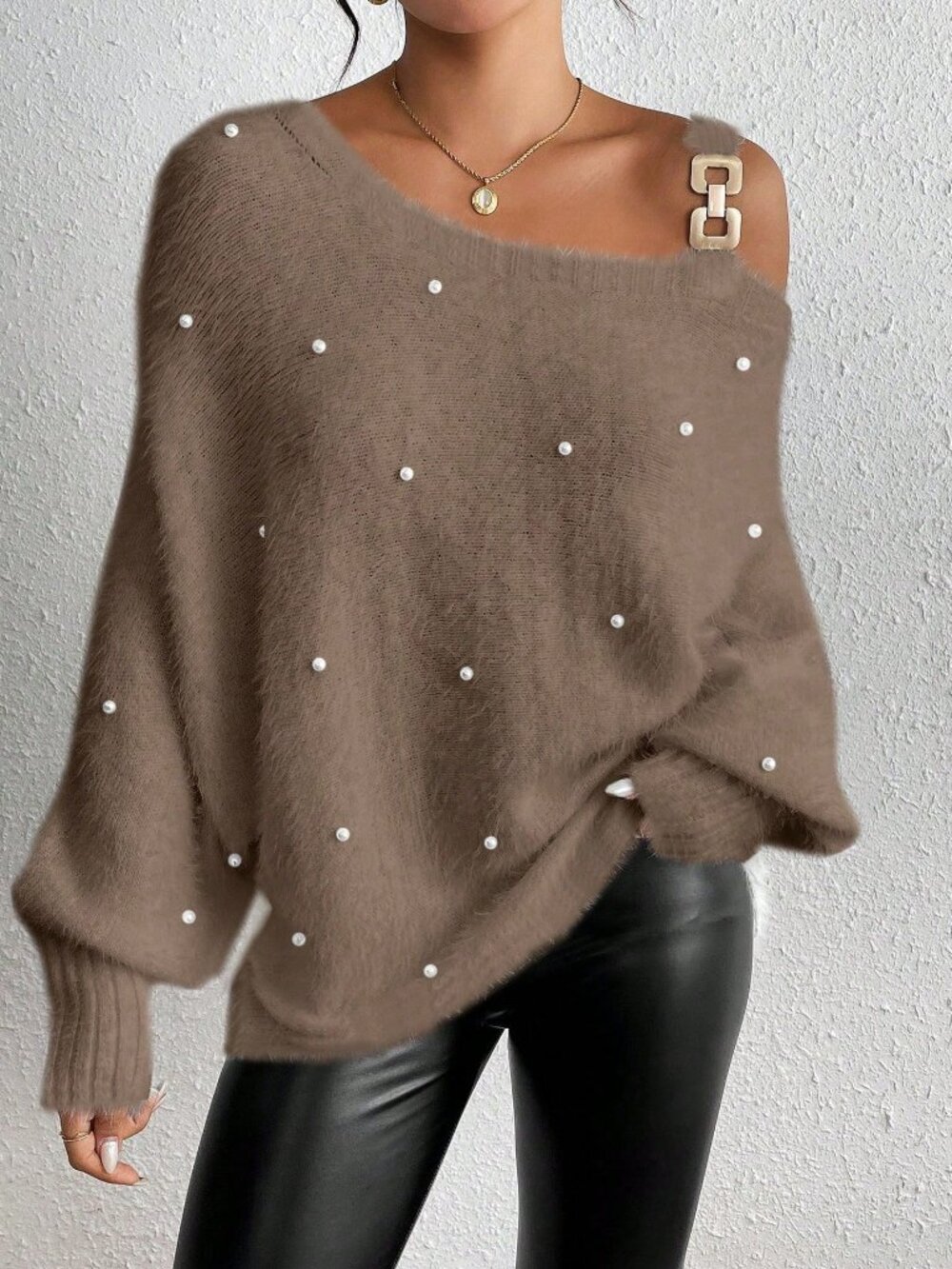 Mocha Brown Casual Women's Asymmetric Pearls Batwing Loose Knit Pullover - Picture 5 of 8